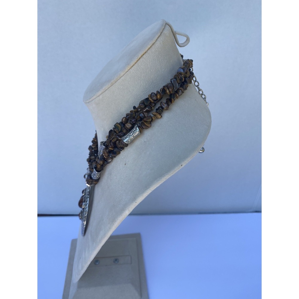 Necklace big pendant brown tone silver tone 17" inches bohemian chic 3"‎ pendant - Picture 12 of 12
